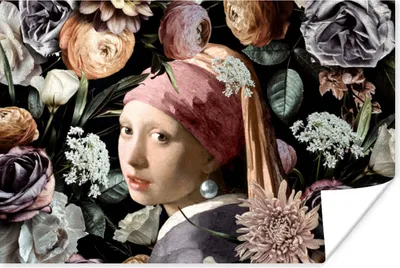 Produktbild von MuchoWow® Poster Mädchen mit Perlenohrring - Blumen - Vermeer - Pastell - Kunstwerk - Gemälde - Alte Meister 120x80 cm - Bilder