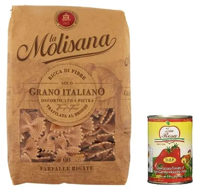 Produktbild von 12x La Molisana Pasta Integrale Farfalle Rigate n°66 Vollkornnudeln Vollkornpasta,100% italienischer Weizen,Bronzepaste 500g Packung + Zia Rosa DOP Pomodoro San Marzano Dose von 400g