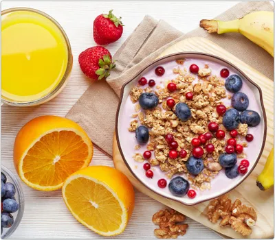 Produktbild von Spritzschutz Herdabdeckplatte Schneidebrett aus Glas Banane und Müsli 1-Teilig (60x52cm)