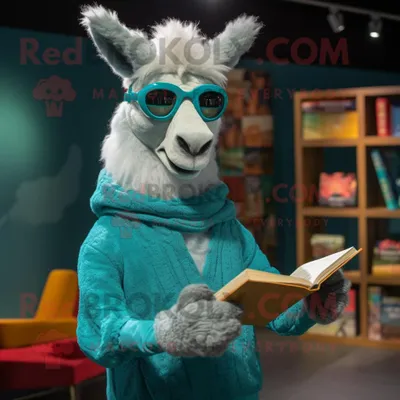 Produktbild von Cyan-Lama REDBROKOLY Maskottchen kostüm gekleidet in einen Pullover und eine Lesebrille