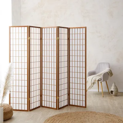 Obrázok produktu pre Homestyle4u Paraván na rozdelenie miestnosti 5 kusov drevo hnedý tabak ryžový papier biely výška 175 cm