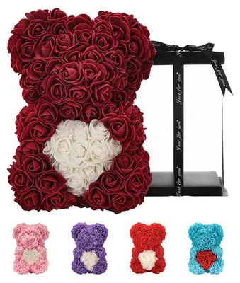 Rosen-Teddybär 25 cm, Kunstblumen-Geschenk für Frauen (Weinrot)