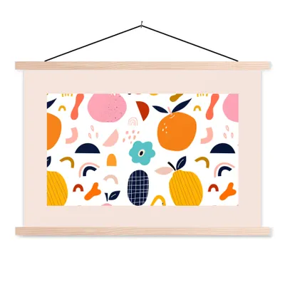 Produktbild von MuchoWow® Textilposter Blumen - Obst - Muster - Pastell - Rosa 120x80 cm mit holzfarbenen Rahmen - Aufhängeset