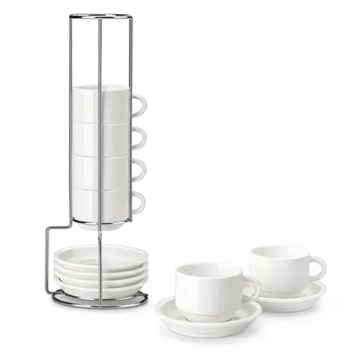 Produktbild von MALACASA 6-tlg Tassen Set, Porzellan Set, Kaffeetasse mit Unterteller, Metallständer, 150ml, Weiß