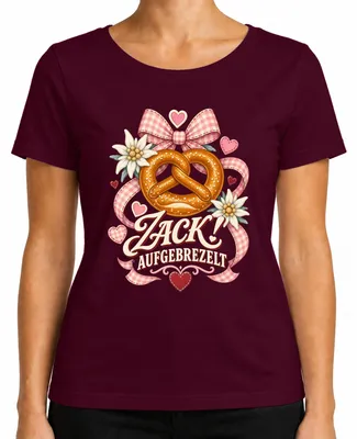 Produktbild von Zack! Aufgebrezelt Brezel Edelweiß Trachtenshirt Lederhose Dirndl Damen T-Shirt, Burgundy, M