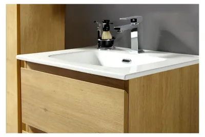 Produktbild von Waschtisch mit Unterschrank 60 cm Breite | Badezimmermöbel Set | Möbel + Waschbecken für Gäste-WC | Hängender Waschbeckenunterschrank | Badmöbel (Eiche Natur)