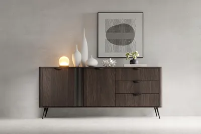 Produktbild von Kommode Veris 195 cm Eiche Dunin + Schwarz mit geriffelter Front, 3 Schubladen und 4 Fächern