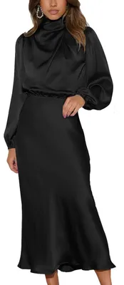 Produktbild von Cocktailkleid mit langen Ärmeln – Satin-Kleid – Lässiger Stil – Herbstmode – Damen – Elegantes Design