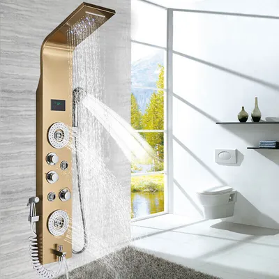 Obrázok produktu pre Linuode LED svetlo Sprchový kohútik Kúpeľňa SPA Masážny tryskový sprchový stĺp Systém Vodopád Rain Shower Panel Bidet Sprayer Tap (8006 Gold C)
