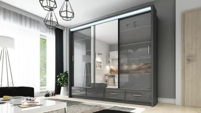 Produktbild von Halbglanz Gross Grau Schiebeschrank mit Spiegel Kleiderschrank SYCYLIA 250 CM + LED