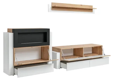 Produktbild von Designer Weiß Wohnwand Luxus Kommode mit Kamin Einrichtung Wohnzimmermöbel