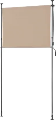 A freestanding outdoor roller blind with a sand-colored fabric and a dark metal frame.