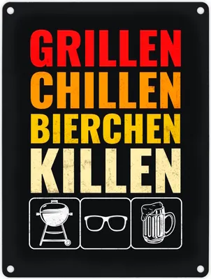 Produktbild von Grillen, Chillen, Bierchen Killen Metallschild mit Grill-, Sonnenbrille- und