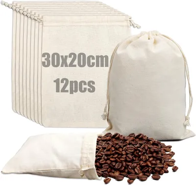 Produktbild von Baumwollsäckchen 30x20 cm Stoffbeutel mit Kordelzug 12 Stück Stoffsäckchen | Baumwollbeutel mit Kordelzug, Wiederverwendbar, Jutesäckchen, Baumwollsackerl Klein, für DIY, Hochzeit, Party, Weihnachten