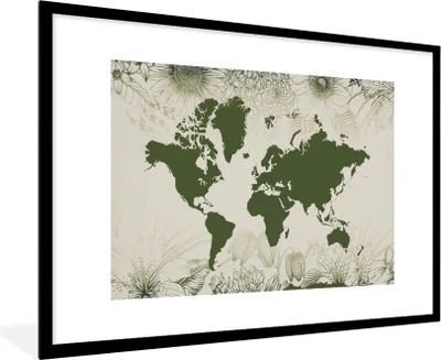 Produktbild von MuchoWow® MuchoWow® Gerahmtes Poster Weltkarte - Blumen - Grün 90x60 cm - Poster mit zchwarzem Bilderrahmen - Wanddekoration - Fotos