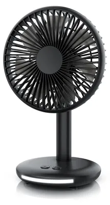 A black desk fan with a modern design is shown against a white background.