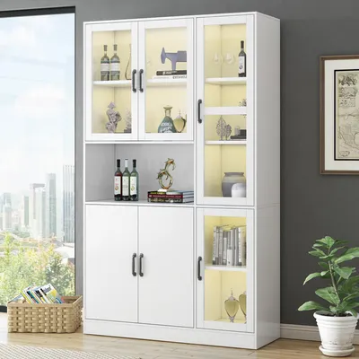 Immagine prodotto di Vetrina bianca Sweiko, libreria con ante, scaffali a muro per libri, grande credenza da cucina, mobile contenitore, libreria con luce LED, vetrina con ripiani per soggiorno, camera da letto