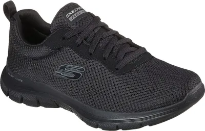 A black Skechers Flex Appeal 4.0 shoe is shown against a white background.