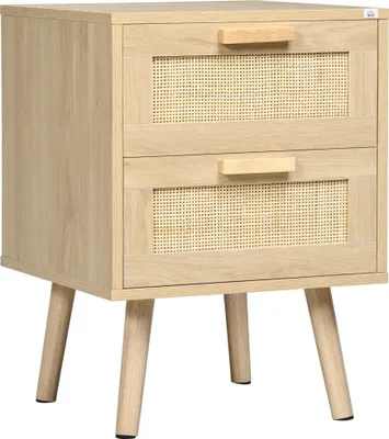 Produktbild von HOMCOM Nachttisch im Boho-Design, Nachttisch mit 2 Schubladen und Holzbeinen für Wohnzimmer, Schlafzimmer, 40 x 40 x 56 cm, Natur