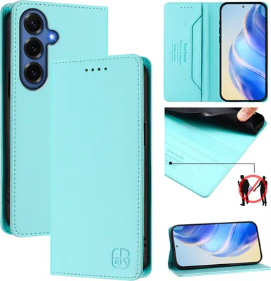 Image de Etui en cuir pour Samsung Galaxy S26+, étui à rabat avec fentes pour cartes, portefeuille et support Turquoise