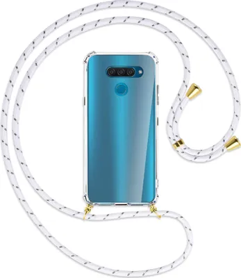 Produktbild von Handykette Backcover-Schutzhülle mit Band (Metall goldfarben) für LG Q60 - weiß/grau