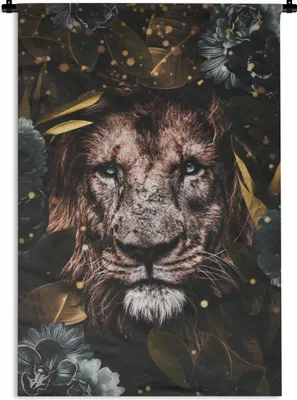 Produktbild von MuchoWow® Wandteppich Wandbehang Löwe - Blumen - Gold 120x180 cm Tapisserie Dekoration Wandtuch - Schlafzimmer - Dekorationen für das Haus