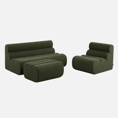 Produktbild von sweeek - 2-Sitzer-Sofa mit Sessel und Hocker, strukturierter Bouclé-Bezug - Khaki