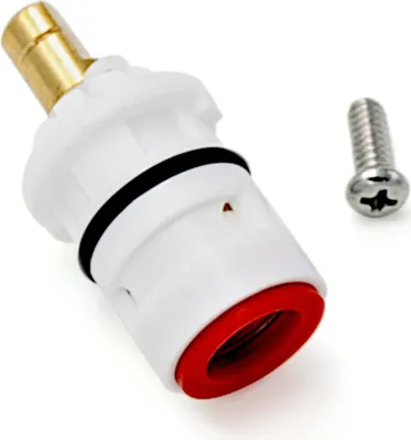 A close-up studio shot of a faucet cartridge and a screw on a white background.