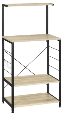 Immagine prodotto di Ripiano per microonde - Carrello da cucina - 4 ripiani - 3 cassetti - 4 ganci - Acciaio inossidabile - Nero/Noce