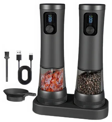 Produktbild von Salz- und Pfeffermühle elektrisch 2er Set wiederaufladbar USB-C 5 Mahlstufen Keramikmahlwerk LED Licht Einhand Betrieb für Küche Kochen