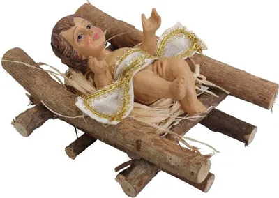 Zdjęcie produktu dla Figurka Jezus w Drewnianym Żłóbku, Koloru Brązowego