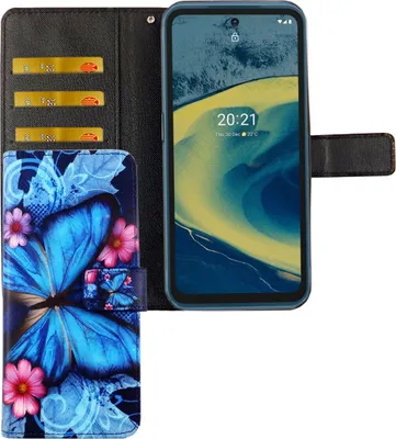 Produktbild von Nokia XR20 Tasche Handy Hülle Schutz-Cover Flip-Case mit Kartenfach, Farbe:Schmetterling Blau