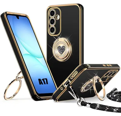 Image de Coque pour Samsung Galaxy A17 4G/5G, Silicone Souple avec Anneau Motif Cœur et Cordon - Noir