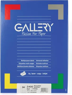 Zdjęcie produktu dla Etykiety galeryjne 70 x 36 mm 100 arkuszy, 7 cm, 3,6 cm, 216 x 306 x 20 mm