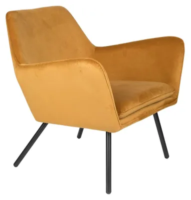 Retro Sessel BON Velvet Samtstoff Gold in Gold mit geschwungener Rückenlehne und schwarzen Beinen, Gesamtansicht.