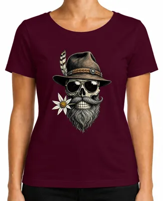 Produktbild von Totenkopf Bart Edelweiss Trachtenhut Trachtenshirt Lederhose Alpen Damen T-Shirt, Burgundy, 3XL