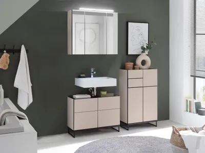Produktbild von Badezimmer Badmöbel Set 3 VENEZIA kaschmir Spiegelschrank Wbu Highboard 80 cm