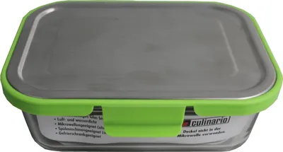 A rectangular glass food storage container with a green plastic lid and a silver metal lid insert.