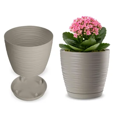 Produktbild von KADAX Blumentopf mit Untersetzer "Temara", Blumenkübel, Pflanztopf aus Kunststoff, Übertopf, rund, 13 cm, Grau