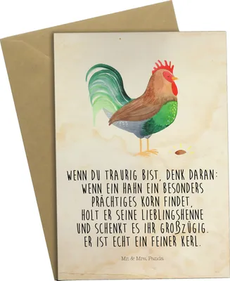 Produktbild von Mr. & Mrs. Panda Grußkarte Hahn Korn - Vintage - Geschenk, Bauernhof, Natur, Henne, Grußkarten, jubiläumskarte, hochzeitskarten, weihnachtskarten, Eier, einladungskarten