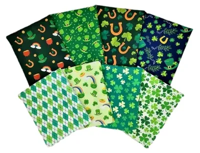 Produktbild von 8 Stück vorgeschnittene Polyester-Quilt-Stoffe, Patchwork, grün, irisches Party-Muster, Kobold, Kleeblatt, St. Patrick's Day, Stoffquadrate