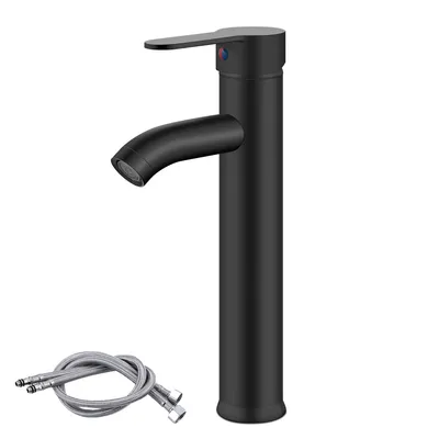 A black bathroom faucet with two flexible hoses shown in front of a white background.