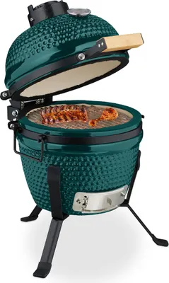 Produktbild von Relaxdays Kamado Grill, Ø 32 cm, Keramikgrill mit Thermometer bis 450°C, BBQ, Grillen, Kochen & Backen, Smoker, grün