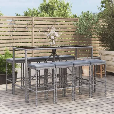 Produktbild von 9-tlg. Gartenbar-Set mit Kissen Grau Poly Rattan , Gartenmöbel-Sets Design 2024