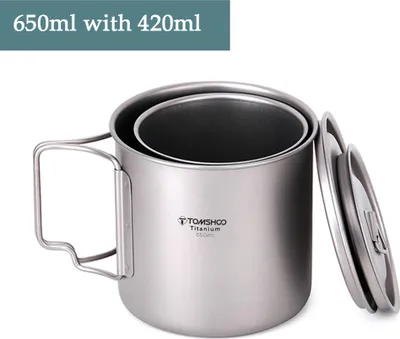 Zdjęcie produktu dla TOMSHOO Ultralekki tytanowy zestaw 2 kubków outdoorowych 420 ml 650 ml Kubek turystyczny na wodę z składanym uchwytem