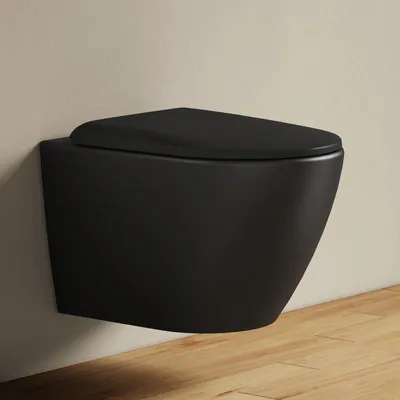 Immagine prodotto di EMKE WC sospeso in ceramica senza bordo WC sospeso a risparmio idrico con scarico diretto Doppio foro di risciacquo Coperchio con chiusura morbida Nero opaco