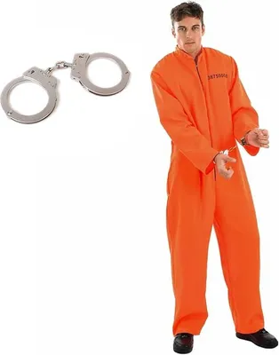 Produktbild von Gefangenen Kostüm Herren M – Orange Jumpsuit mit Handschellen – Männer Sträflings Kostüm Karneval, Halloween, Motto Party