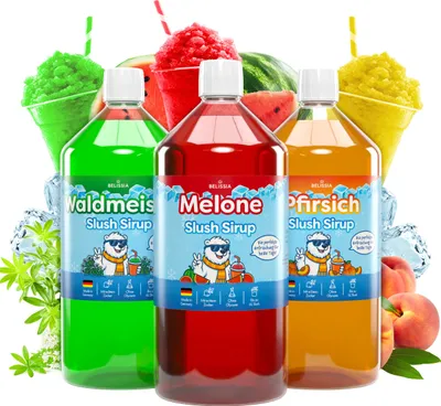 Produktbild von Belissia Slush Eis Sirup 3 x 1000ml Konzentrat | Waldmeister, Melone, Pfirsich | ergiebig, knallige Farben (1:5) für bis zu 18 Liter | Glycerin frei