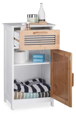 Immagine prodotto di Mobiletto da bagno stretto - Con cassetto e ripiano - 70 x 40 x 28,5 cm - Bambù - Bianco