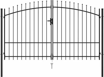 A black metal double gate with pointed tops, shown against a white background.